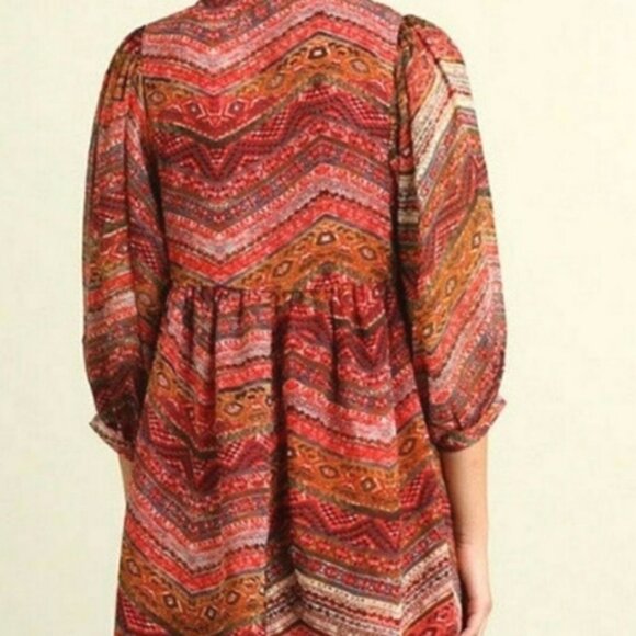 Umgee Red Boho Print V Neck Mini Dress Size Small - Picture 2 of 6
